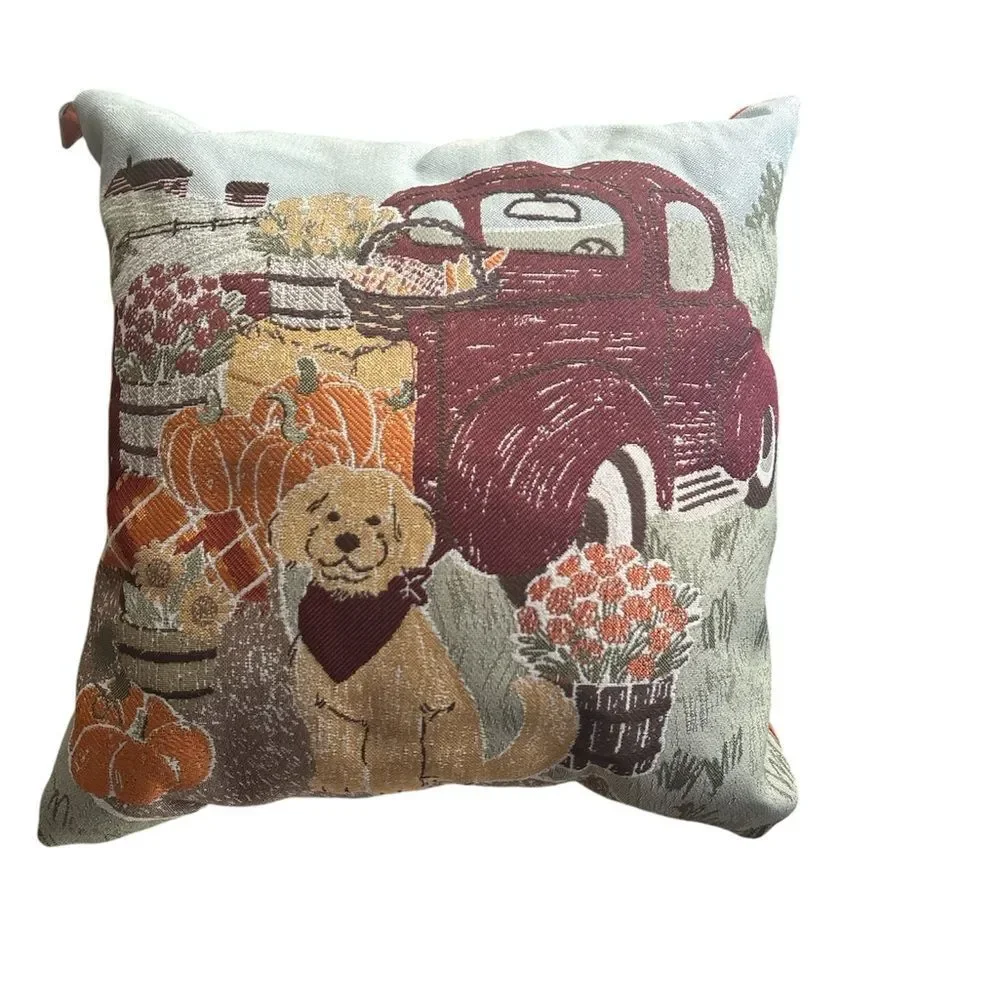 Autumn Harvest Throw Pillow with Dog and Truck Design